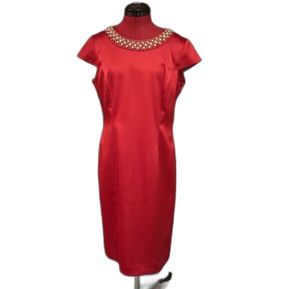 Preston & York Dress Women’s Size 10 Red Sheath Pearl Neckline Cap Sleeves - Picture 1 of 7